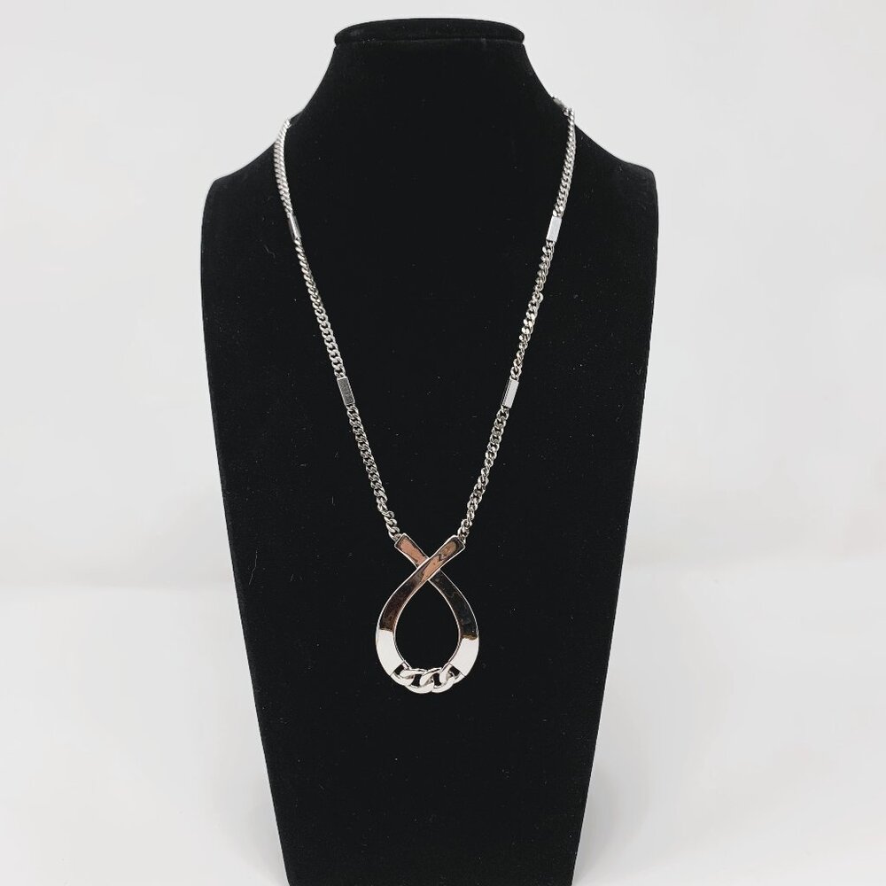 Crown Trifari Ribbon Pendant Necklace Silver Tone Curb Chain 18"